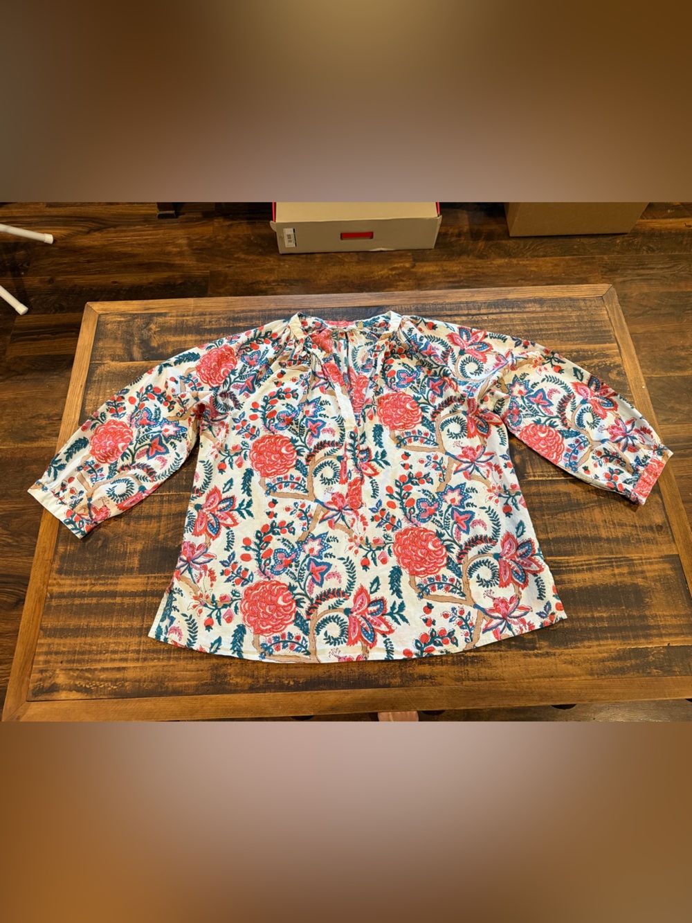Soft Surroundings Coral, Teal & Cream Floral Peasant Blouse